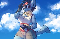  2019 5_fingers anthro armband athletic athletic_anthro athletic_female aviator_glasses biped black_body black_fur black_hair blue_body blue_fur bottomwear bra breasts canid clothing cloud digital_media_(artwork) electronics erin_(kawfee) eyewear female fingers fur generation_4_pokemon glasses hair half-closed_eyes headphones hi_res hip_fluff kawfee looking_at_viewer lucario mammal narrowed_eyes nintendo outside phone pokemon pokemon_(species) pokemorph red_eyes shaded short_hair shorts shoulder_fluff sky smile smirk solo spikes spikes_(anatomy) sports_bra sportswear standing thick_thighs underwear yellow_body yellow_fur zipper 