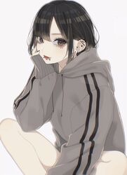  aegyo_sal bad_id bad_twitter_id barbell_piercing bare_legs black_hair black_nails blunt_bangs blurry brown_eyes closed_mouth commentary_request double_vertical_stripe drawstring ear_piercing earrings eyebrow_piercing eyelid_piercing female fingernails from_side grey_hoodie hair_between_eyes hamunezuko_(nezukonezu32) hand_on_own_cheek hand_on_own_face hand_up head_rest highres hood hood_down hooded_track_jacket hoodie indian_style industrial_piercing jacket jewelry labret_piercing lipstick long_fingernails long_hair long_sleeves looking_at_viewer makeup multiple_earrings multiple_piercings nail_polish original parted_bangs piercing red_lips sidelocks simple_background sitting sleeves_past_wrists slit_pupils smile solo spread_legs stud_earrings track_jacket white_background 