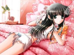  bed black_hair flat_chest hazel_eyes lowres pajamas ribbon yellow_eyes 