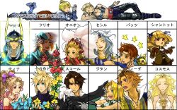  armor bandana bandana blonde_hair blue_eyes brown_eyes brown_hair butz_klauser cecil_harvey chart closed_eyes cloud_strife cosmos_(dff) dissidia_final_fantasy dress earrings final_fantasy final_fantasy_5 final_fantasy_ii final_fantasy_iii final_fantasy_iv final_fantasy_ix final_fantasy_tactics final_fantasy_vi final_fantasy_vii final_fantasy_viii final_fantasy_x final_fantasy_xi final_fantasy_xii flower frioniel green_eyes hat headband helmet highres jewelry kabotyaumai long_hair onion_knight piercing pointy_ears ponytail ramza_beoulve request scar shantotto short_hair spiked_hair spiky_hair squall_leonhart suwi_(kabotyaumai) tarutaru tidus tina_branford translation_request twintails vaan warrior_of_light white_hair zidane_tribal 