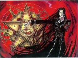  black_hair blood cigarette gear gears long_hair male male_focus pentagram smoke trench_coat trenchcoat trinity_blood uniform 