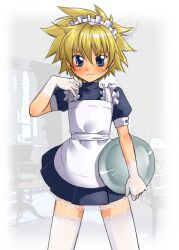  1boy blonde_hair blue_eyes crossdressing crossdressing gloves kyle_dunamis maid male male_focus solo tales_of_(series) tales_of_destiny_2 thigh-highs thighhighs trap tray walnut walnut_(artist) zettai_ryouiki 