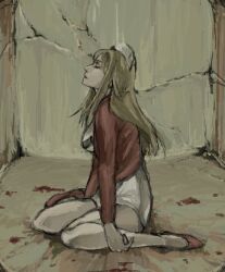  blonde_hair blood closed_eyes female hat high_heels kneeling lisa_garland long_hair lowres nurse nurse_cap nurse_uniform shoes silent_hill silent_hill_1 sitting solo taro_(artist) uniform 