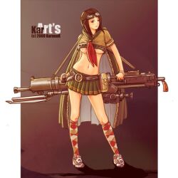  belt big_gun brown_hair cape girl goggles gun karanak long_legs machine_gun midriff mini_skirt miniskirt navel skirt socks steam_punk stockings underboob 