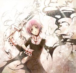  androgynous black_dress crona crona_(soul_eater) cuff_links dress grey_eyes high_collar makenshi_chrona pink_hair ragnarok_(demon_sword) short_hair solo soul_eater sword weapon wings 