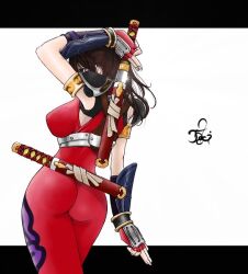  ass back bodysuit brown_eyes brown_hair fingerless_gloves gloves hybrid_cat long_hair ninja sheath soul_calibur soulcalibur_ii sword taki taki_(soulcalibur) wakizashi weapon 