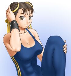  bracelet brown_eyes brown_hair capcom chun-li double_bun double_buns jewelry leotard ribbon shun_(artist) street_fighter yellow_ribbon 