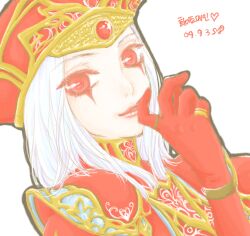  close-up eye_shadow face face_paint gloves korean oekaki red_eyes sally_whitemane short_hair smile warcraft white_hair world_of_warcraft 