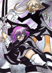  androgynous battle black_dress blonde_hair blue_eyes coat crazy_eyes crazy_smile crona_(soul_eater) cuff_links dress gloves green_eyes grin hair_between_eyes long_hair maka maka_albarn makenshi_chrona necktie open_mouth pink_hair ragnarok_(demon_sword) scythe shoes short_hair smile soul_eater soul_eater_(character) sword twintails weapon 