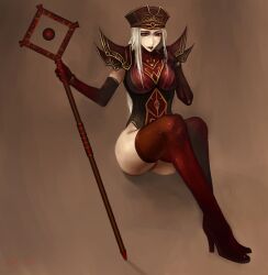  ass boots bracelet elbow_gloves hat leotard lipstick long_hair pale_skin red_eyes sally_whitemane staff thigh-highs thigh_boots thighhighs warcraft white_hair world_of_warcraft 