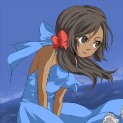  axis_powers_hetalia blue_dress brown_eyes brown_hair dark_skin dress flowing_dress hair_ribbon hair_ribbons halter halterneck lowres ocean ribbon ribbons sea seychelles_(hetalia) tan tan_skin twintails wind 