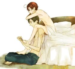  2boys ahoge axis_powers_hetalia barefoot bed bed_sheet blanket brown_hair cross denim jeans jewelry male male_focus multiple_boys nail_clippers necklace nude pants red_hair red_hair sheets sitting southern_italy_(hetalia) spain_(hetalia) topless yaoi 