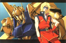  blonde_hair char_aznable gloves gundam hand_on_hip highres hyaku_shiki mecha quattro_bajeena quattro_vageena sunglasses zeta_gundam 