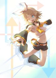  aqua_eyes armpits banned_artist blonde_hair colored_eyelashes directional_arrow hair_ornament hair_ribbon hairclip headphones headset jumping kagamine_rin midriff nail_polish navel one_eye_closed outstretched_arms ria ribbon short_hair shorts smile solo spread_arms vocaloid yellow_nails 