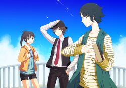  2boys arm_up bad_id bad_pixiv_id banned_artist belt blue_sky buckle clenched_hands day harano hat hidari_shoutarou kamen_rider kamen_rider_w multiple_boys narumi_akiko necktie outdoors pants philip_(kamen_rider) ponytail railing shirt short_hair sky t-shirt upper_body vest 