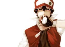  baseball_cap chimaki_(qwertyuiopbw) fingerless_gloves gloves hands hat heterochromia holding holding_poke_ball male_focus non-web_source older pixiv_red poke_ball poke_ball_(generic) pokemon pokemon_(game) popped_collar red_(pokemon) red_(pokemon_rgby) simple_background 