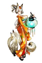  animal_ears bb breasts fox fox_ears fur george_kamitani highres huge_breasts japanese_clothes kimono kitsune kongiku lantern large_breasts leaf leaves oboro_muramasa oboro_muramasa_youtouden official_art red_eyes sandals simple_background standing tail vanillaware white_hair 