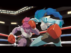  2girls animal_ears arena blue_hair boing_gloves boxing boxing_gloves boxing_ring female fighting monster_girl multiple_girls pink_hair pointy_ears punch punching shorts tank_top 