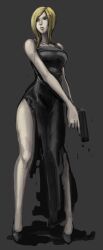  aya_brea bare_legs bare_shoulders black_dress blonde_hair blue_eyes breasts butcha-u commentary_request dress female full_body gun handgun high_heels lips medium_breasts parasite_eve photoshop_(medium) shoes short_hair side_slit solo swept_bangs torn_clothes torn_dress trigger_discipline weapon 