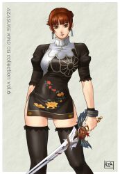  alternate_costume azasuke black_dress black_legwear black_thighhighs breasts brown_eyes brown_hair chai_xianghua china_dress chinadress chinese_clothes dress earrings female female highres jewelry short_hair solo soul_calibur soul_calibur_(weapon) soulcalibur_ii standing sword thigh-highs thighhighs weapon xianghua zettai_ryouiki 