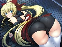  ass black_panties blonde_hair blue_eyes blush bow cameltoe detached_sleeves ekusutia_chevalier female female game_cg hairbow kouyoku_senki_exs-tia kouyoku_senki_exs-tia_2 long_hair long_sleeves looking_at_viewer lusterise panties ponytail red_bow sleeves_past_wrists solo sweater thighhighs white_legwear white_thighhighs 