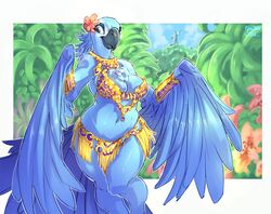  2017 accessory anthro anthrofied armor avian beak belly_dancer bikini bird blue_eyes blue_sky_studios bracers brazil brazilian_carnival breasts carnival_(holiday) christ_the_redeemer clothed clothing cristo_redentor detailed_background feathered_wings feathers female flower flower_in_hair forest gofa hair hair_accessory holidays jesus_christ jewel_(rio) jungle macaw neotropical_parrot non-mammal_breasts parrot plant religion rio_(series) samba smile solo spix&#039;s_macaw swimwear tree true_parrot winged_arms wings 