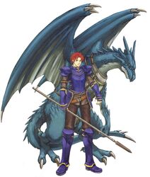  1boy armor armored_boots boots dragon fire_emblem fire_emblem:_the_binding_blade gauntlets gloves highres kaneda_eiji levrey_(fire_emblem) male_focus official_art polearm red_eyes red_hair simple_background solo spear weapon white_background zeiss_(fire_emblem) 