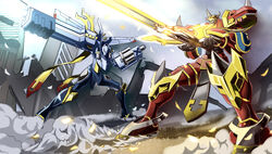  arm_cannon armor blue_eyes cannon commentary_request digimon digimon_(creature) digimon_frontier dk_(13855103534) glowing glowing_weapon gun horns kaisergreymon magnagarurumon no_humans red_eyes smoke spikes sword weapon 