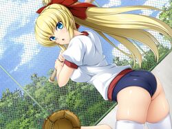  baseball_bat blonde_hair blue_eyes blue_panties ekusutia_chevalier female female game_cg gym_uniform kouyoku_senki_exs-tia kouyoku_senki_exs-tia_2 lips long_hair lusterise open_mouth panties ponytail short_sleeves solo t-shirt thighhighs tongue white_shirt white_thighhighs 