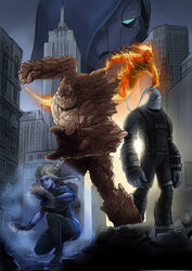  1boy battle ben_grimm brand_(league_of_legends) commentary cosplay evelynn_(league_of_legends) exaxuxer fantastic_four female highres johnny_storm league_of_legends malphite marvel movie_poster name_connection parody reed_richards sue_storm superhero_costume viktor_(league_of_legends) zac_(league_of_legends) 