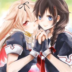  2girls ;o animal_ears blonde_hair blue_eyes bow braid brown_hair cheek-to-cheek commentary_request dog_ears fingerless_gloves gloves hair_flaps hair_ornament hair_over_shoulder hairbow hairclip heads_together holding_hands interlocked_fingers kantai_collection long_hair looking_at_viewer mochi_mocchi multiple_girls one_eye_closed red_eyes shigure_(kancolle) shigure_kai_ni_(kancolle) single_braid yuudachi_(kancolle) yuudachi_kai_ni_(kancolle) 