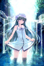  aruciii ass_visible_through_thighs backlighting bad_id bad_pixiv_id bare_arms bare_shoulders black_hair blue_eyes blush bow collarbone dress dress_bow female hair_ornament highres long_hair looking_at_viewer one_side_up original outdoors photoshop_(medium) purple_bow see-through_silhouette shiny_skin skirt_hold sleeveless sleeveless_dress smile solo tan tanlines wading water waterfall 