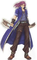  1boy axe boots fire_emblem fire_emblem:_the_binding_blade full_body geese_(fire_emblem) kaneda_eiji long_hair male_focus official_art purple_hair simple_background solo weapon white_background 