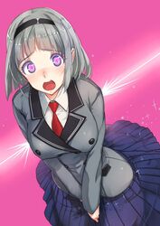  akasaai anna_nishikinomiya between_legs blue_eyes blush breasts commentary_request female grey_hair hairband hand_between_legs heart heart-shaped_pupils large_breasts necktie open_mouth pleated_skirt purple_eyes school_uniform shimoneta_to_iu_gainen_ga_sonzai_shinai_taikutsu_na_sekai short_hair skirt solo symbol-shaped_pupils tears 