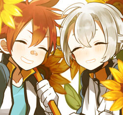  2boys ^_^ aizen_kunitoshi bad_id bad_pixiv_id bandaid bandaid_on_face bandaid_on_nose biskekun closed_eyes commentary_request flower gloves hotarumaru jacket male_focus multiple_boys red_hair smile sunflower touken_ranbu track_jacket white_gloves white_hair 