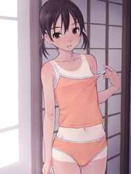  bare_arms bare_shoulders black_hair blush brown_eyes collarbone commentary cowboy_shot female flat_chest hair_ornament hairclip looking_at_viewer midriff navel original panties presenting_tanlines shimano_natsume shirt_tan short_hair short_twintails shorts_tan sleeveless smile solo strap_lift striped_clothes striped_panties striped_tank_top tan tank_top tanlines twintails underwear 