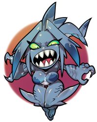  animal_humanoid blue_body blue_hair breasts chibi claws countershading female fin fish fish_humanoid gills green_eyes hair head_fin head_tail humanoid marine marine_humanoid nude open_mouth shark shark_humanoid sharp_teeth short_hair sidotama solo teeth tongue 