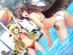  2girls arms_up ass bare_shoulders bikini blonde_hair blue_eyes bow breasts brown_hair butt_crack cleavage collarbone ekusutia_chevalier erect_nipples female game_cg hairbow happy katsuragi_marina kouyoku_senki_exs-tia kouyoku_senki_exs-tia_2 long_hair looking_at_viewer lusterise midriff multiple_girls navel open_mouth ponytail pool red_bow smile spread_legs sunbeam swimsuit tongue wading water wet yellow_eyes 