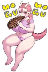  2021 2_horns animal_humanoid beef belly big_breasts breasts clothing crop_top dragon dragon_humanoid eating eating_food feet female food gonda_(plus-sized_elf) hair hi_res high-angle_view holding_food holding_object horn humanoid humanoid_pointy_ears meat muffin_top mythological_creature mythological_scalie mythology narrowed_eyes navel official_art panties pink_body pink_clothing pink_eyes pink_hair pink_panties pink_scales pink_underwear plus-sized_elf reptile reptile_humanoid scales scalie scalie_humanoid shirt sitting slightly_chubby slightly_chubby_female slightly_chubby_humanoid solo sound_effects steak synecdoche tail text thick_thighs topwear underwear 