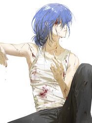  1boy black_pants blood blood_on_clothes blood_on_face blood_on_hands blood_splatter blood_stain bloodshot_eyes blue_eyes blue_hair cigarette closed_mouth dripping_blood ear_piercing guigui_rongrong hair_between_eyes highres holding holding_cigarette long_bangs long_hair looking_at_viewer low-tied_long_hair male_focus on_floor original pale_skin pants piercing sideways_glance simple_background tank_top white_background white_tank_top 