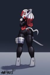  2024 anthro ass bear213 blade chii_zweem femboy fur generation_8_pokemon hair hi_res hisuian_form hisuian_zoroark long_hair male nintendo pokemon pokemon_(species) rear_view red_body red_fur regional_form_(pokemon) signature skin_tight_suit white_body white_fur 