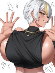  absurdres black_shirt black_wristband blonde_hair breasts chains crop_top crop_top_pull dark-skinned_female dark_skin female gold_chain gold_necklace grin highres huge_breasts jewelry looking_to_the_side luvdia multicolored_hair necklace park_dona shirt short_hair sideboob sleeveless sleeveless_shirt smile solo streaked_hair tan tewaki turning_head upper_body virtual_youtuber white_hair yellow_background 