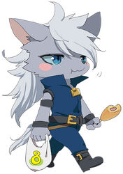  1boy animal_ears bag belt black_footwear blue_eyes blue_pants blue_sclera blue_shirt blush blush_stickers boots chibi corndog eating fox_ears fox_tail full_body furry grey_hair hatenakayubi holding long_hair male_focus no_humans pants shirt shopping_bag simple_background sleeveless sleeveless_shirt smile_precure solo standing tail walking wavy_mouth wolfrun zipper_pull_tab 