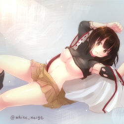  armpits arms_up bad_id bad_pixiv_id blush breasts brown_eyes brown_hair clothes_lift commentary_request female ise_(kancolle) kantai_collection large_breasts long_hair looking_away miniskirt navel no_bra open_mouth parted_lips serino_itsuki shiny_skin shirt_lift skirt solo torn_clothes underboob 