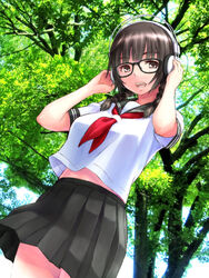  black_hair black_skirt braid crop_top crop_top_overhang day eyebrows female from_below glasses hair_over_shoulder hands_on_headphones headphones highres midriff_peek miniskirt open_mouth original outdoors photo_background pleated_skirt school_uniform serafuku shimano_natsume skirt sky smile solo standing tree twin_braids 