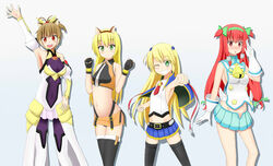  4girls alternate_hairstyle animal_ears armor bell blazblue blazblue:_chronophantasma blonde_hair blush boots breasts brown_hair capelet commentary_request cosplay costume_switch cowbell crop_top fake_animal_ears faulds flat_chest green_eyes grin hair_tubes hairband hairpods heart heart-shaped_pupils highleg highleg_panties highres izayoi_(blazblue) long_hair low-tied_long_hair magical_girl makoto_nanaya multiple_girls noel_vermillion one_eye_closed panties pantyhose platinum_the_trinity red_eyes red_hair sideboob skirt smile squirrel_ears squirrel_girl symbol-shaped_pupils thigh_boots thighhighs tsubaki_yayoi underwear urugus15 waving 