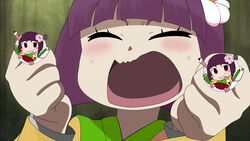  blush bob_cut calligraphy_brush censored censored_gesture character_censor closed_eyes commentary_request female fig_sign flower hair_flower hair_ornament hieda_no_akyuu highres japanese_clothes kimono look-alike novelty_censor open_mouth paintbrush parody purple_eyes purple_hair saotome_otome scroll shimashima_nezumi shimoneta_to_iu_gainen_ga_sonzai_shinai_taikutsu_na_sekai short_hair style_parody touhou 