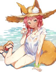  :p animal_ears bare_legs beach bikini bikini_under_clothes blue_bikini blush bracelet breasts collarbone commentary_request ears_through_headwear fate/grand_order fate_(series) feet female fox_ears fox_girl fox_tail full_body hat jewelry kanro_ame_(ameko) legs looking_at_viewer medium_breasts pink_hair sandals see-through shirt short_sleeves simple_background solo straw_hat sun_hat swimsuit t-shirt tail tamamo_(fate) tamamo_no_mae_(swimsuit_lancer)_(fate) tamamo_no_mae_(swimsuit_lancer)_(first_ascension)_(fate) tongue tongue_out twitter_username water wedge_heels wet wet_clothes wet_shirt white_background white_shirt yellow_eyes 