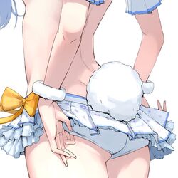  adjusting_clothes ass bad_id bad_twitter_id blue_hair bow female frilled_skirt frills head_out_of_frame hololive hololive_summer_2022_swimsuit miniskirt mitsuru_(pixiv_34028718) rabbit_tail ribbon short_sleeves skirt solo tail thighs usada_pekora virtual_youtuber wristband 