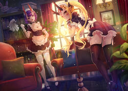  2girls alternate_costume apron ass backlighting black_dress black_footwear black_legwear blonde_hair blush bob_cut bookshelf breasts broom closed_mouth coffee_table collarbone couch curtains cushion dress duster enmaided eyeliner facial_mark fang_out fangs fate/grand_order fate_(series) forehead forehead_mark fou_(fate) frills garter_straps gloves hair_pulled_back highres horns ibaraki_douji_(fate) long_hair looking_at_viewer maid maid_headdress makeup md5_mismatch multiple_girls oerba_yun_fang oni open_mouth parody picture_frame plant pointy_ears potted_plant puffy_short_sleeves puffy_sleeves purple_eyes purple_hair riyo_(lyomsnpmp)_(style) short_eyebrows short_hair short_sleeves shuten_douji_(fate) sidelocks skin-covered_horns small_breasts style_parody table tattoo thighhighs tsukizaki_shizuka twintails waist_apron white_apron white_gloves white_legwear window wrist_cuffs yellow_eyes 